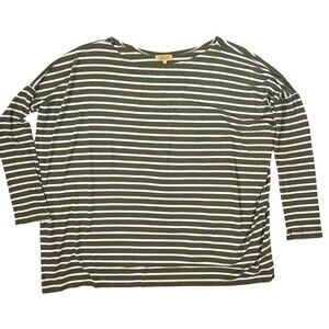 Piko 1988 Olive Green Stripe LS Pullover Top Shirt Tunic Round Skinny Sleeve XL